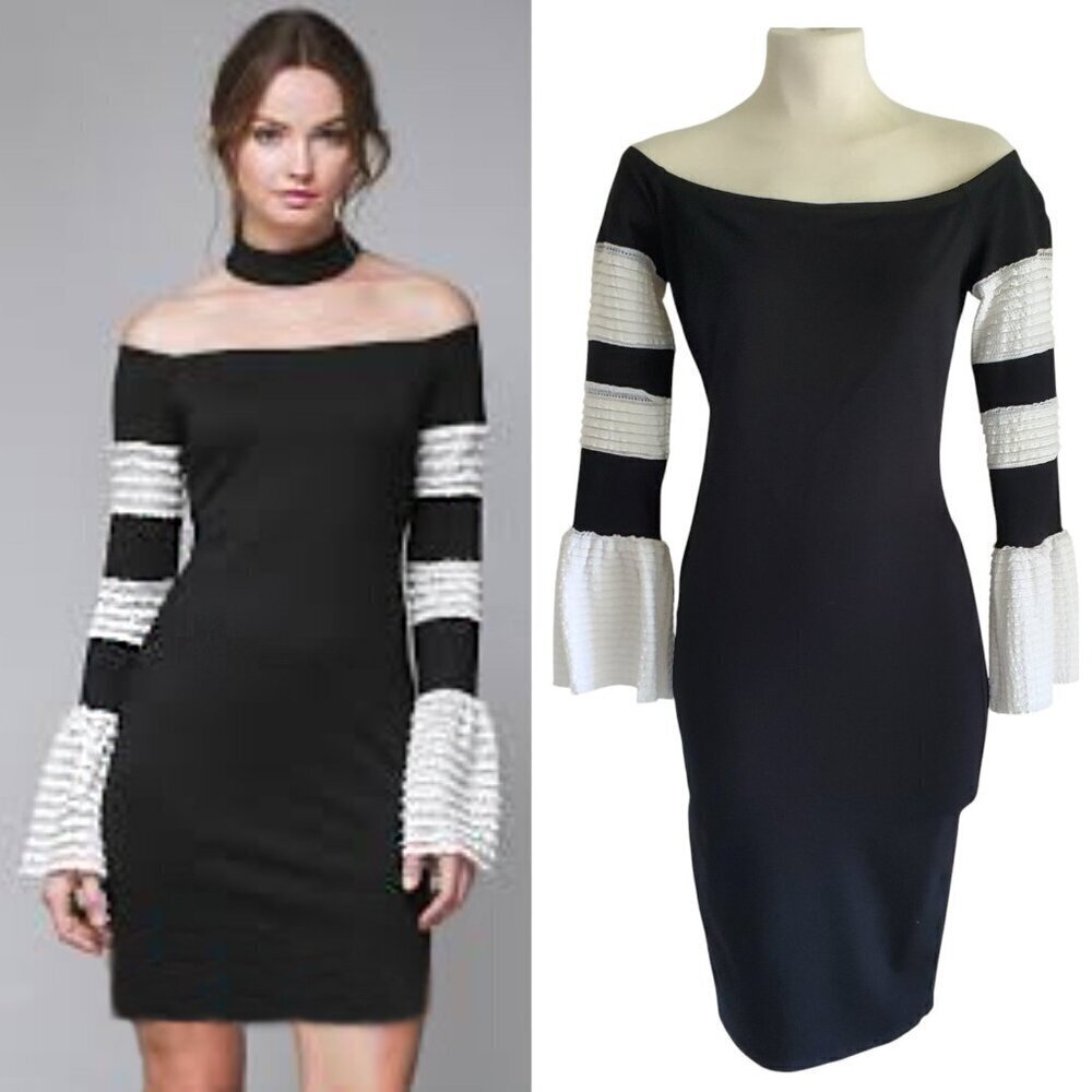 VENUS Black Off-Shoulder Sheath Dress White Lace Ruffle Bell Sleeves S